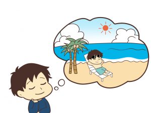 南の島でのんびりしている風景を空想している人
