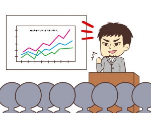 年齢は40代半ばくらいの男性（セミナーのすごい人）が熱弁をふるう様子 自身のアフェリエイトの収益を紹介し、出席者から「おお～！」「すげー！」といった声が上が る